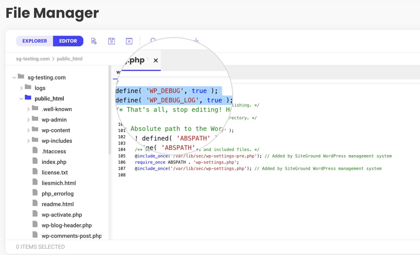 WordPress configuration file with enabled debug mode and error logs