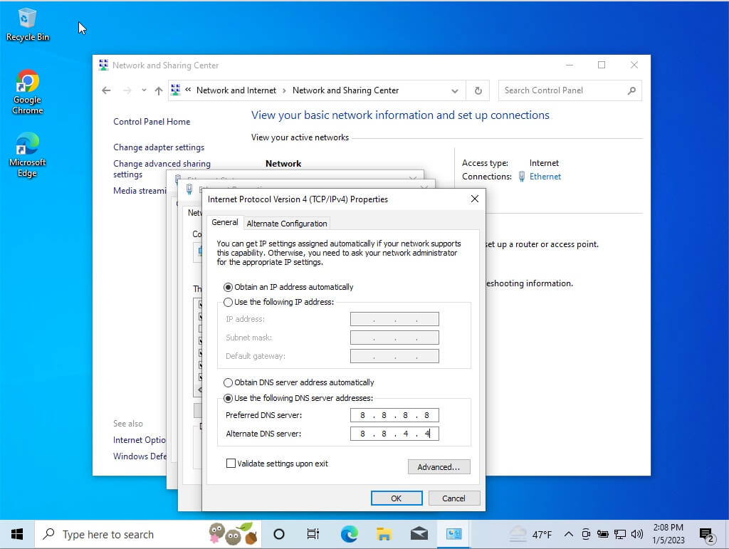 Change DNS servers on Windows to fix ERR_CONNECTION_CLOSED