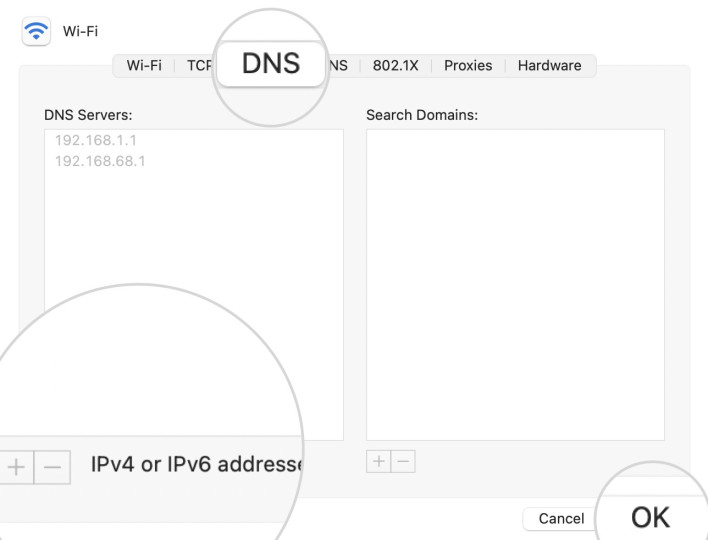 Screenshot of the change DNS server on MacOS option