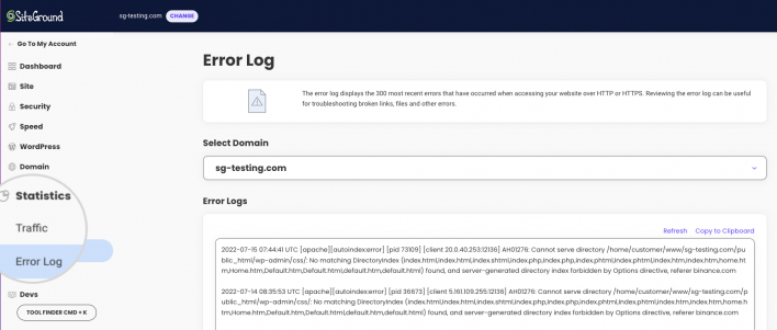 Error log in Site Tools