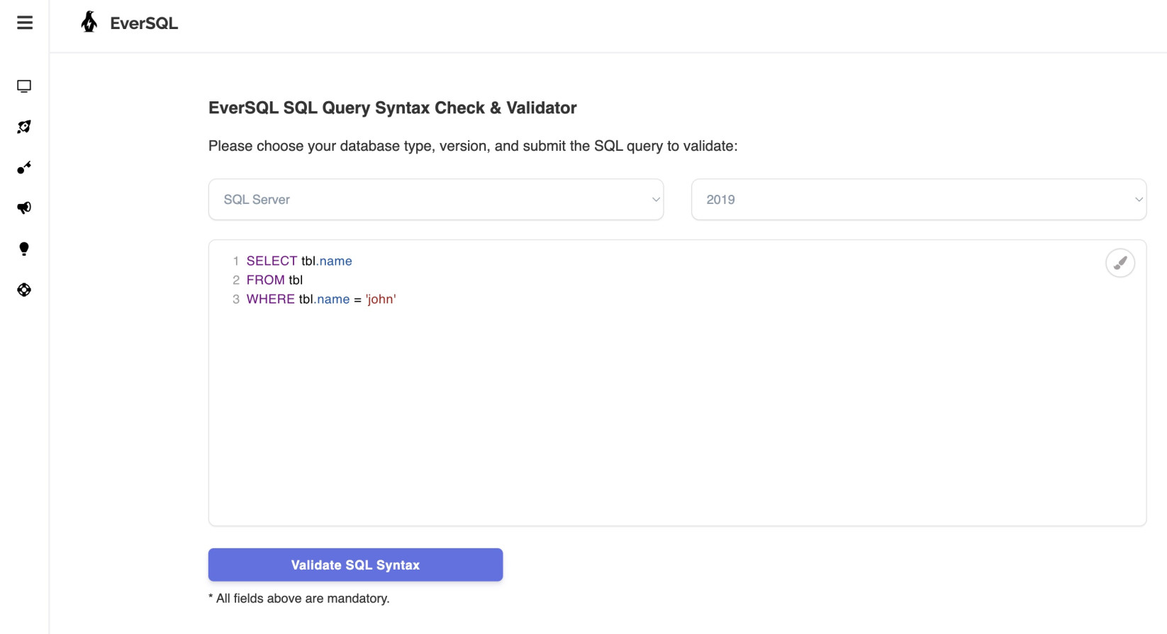 EverSQL SQL validator tool