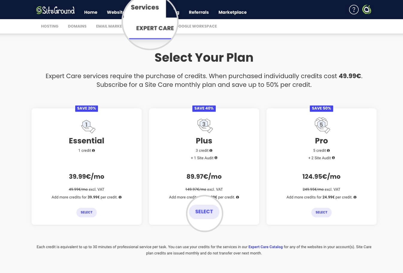 Expert Care Plans page in SiteGround's Client Area