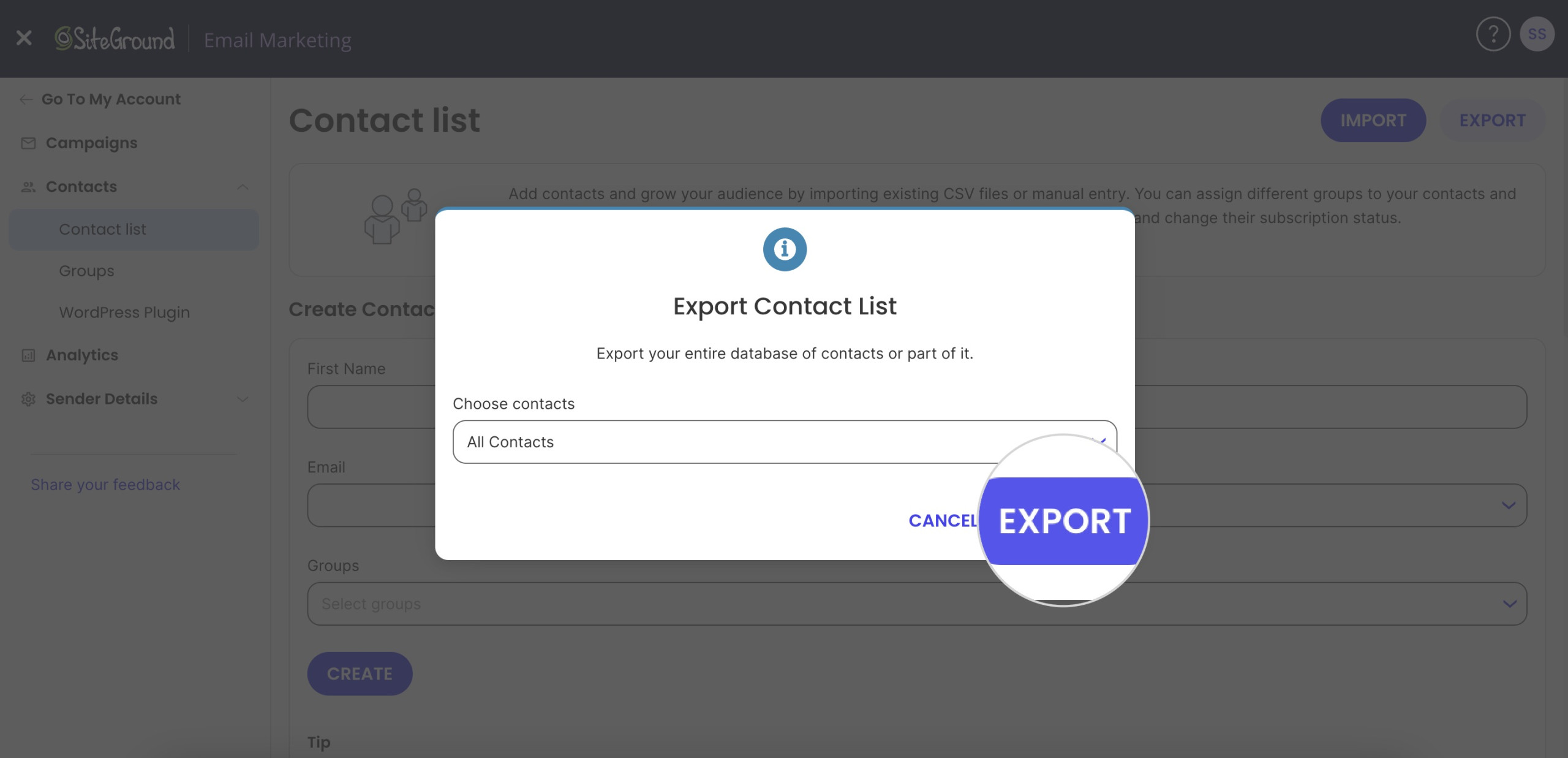 Screenshot of the Export button for All contacts