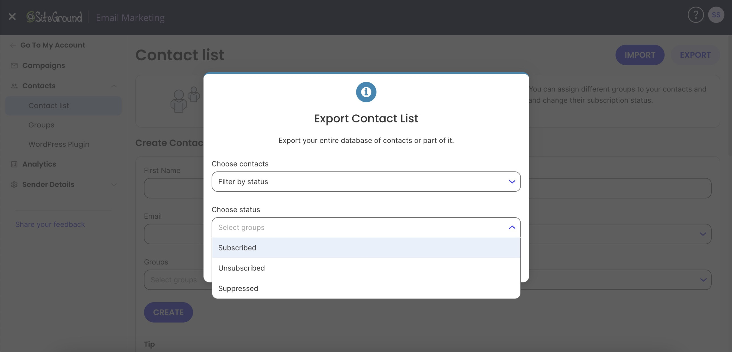 Screenshot of the status options in the dropdown menu of the export pop-up