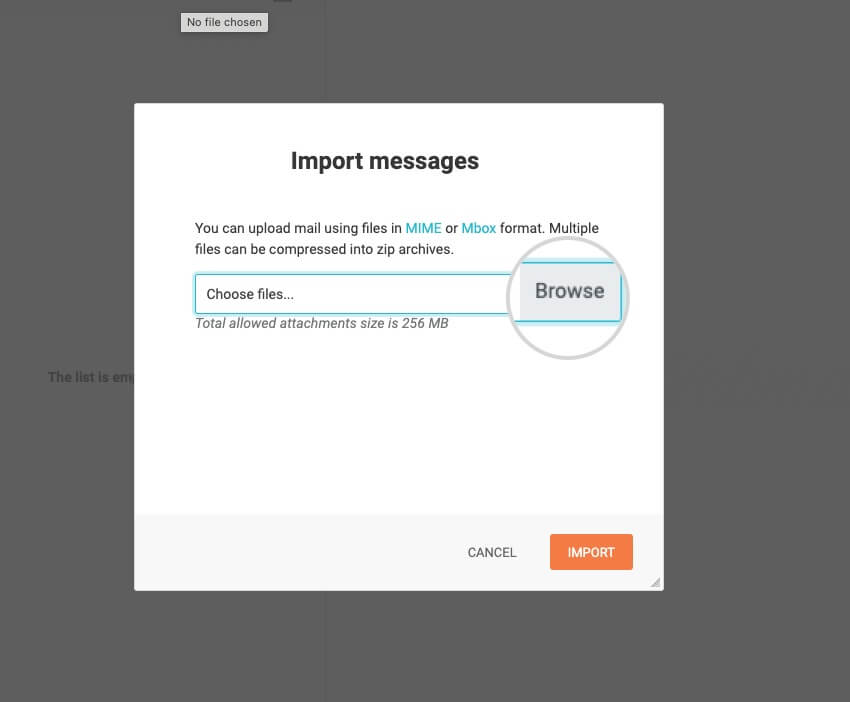 File selector for importing emails in Webmail