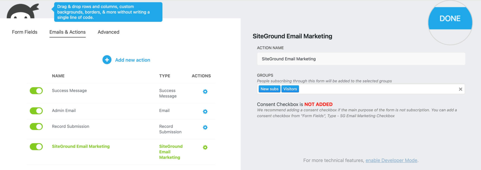 Finishing the Email Marketing integration to Ninja Forms