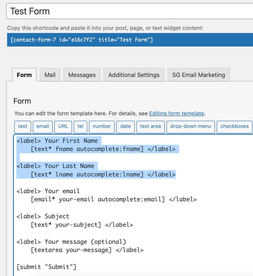 First Name and Last Name fields in Contact Form 7