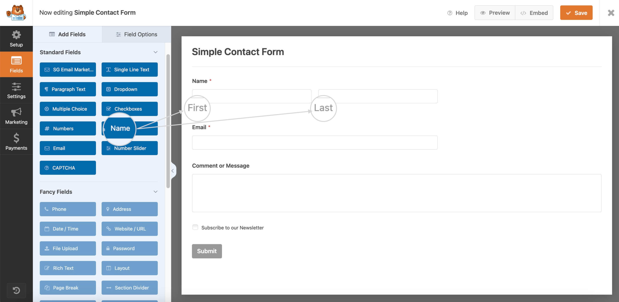 WPForms Template Showcasing Default First Name and Last Name Fields Utilized by SG Email Marketing