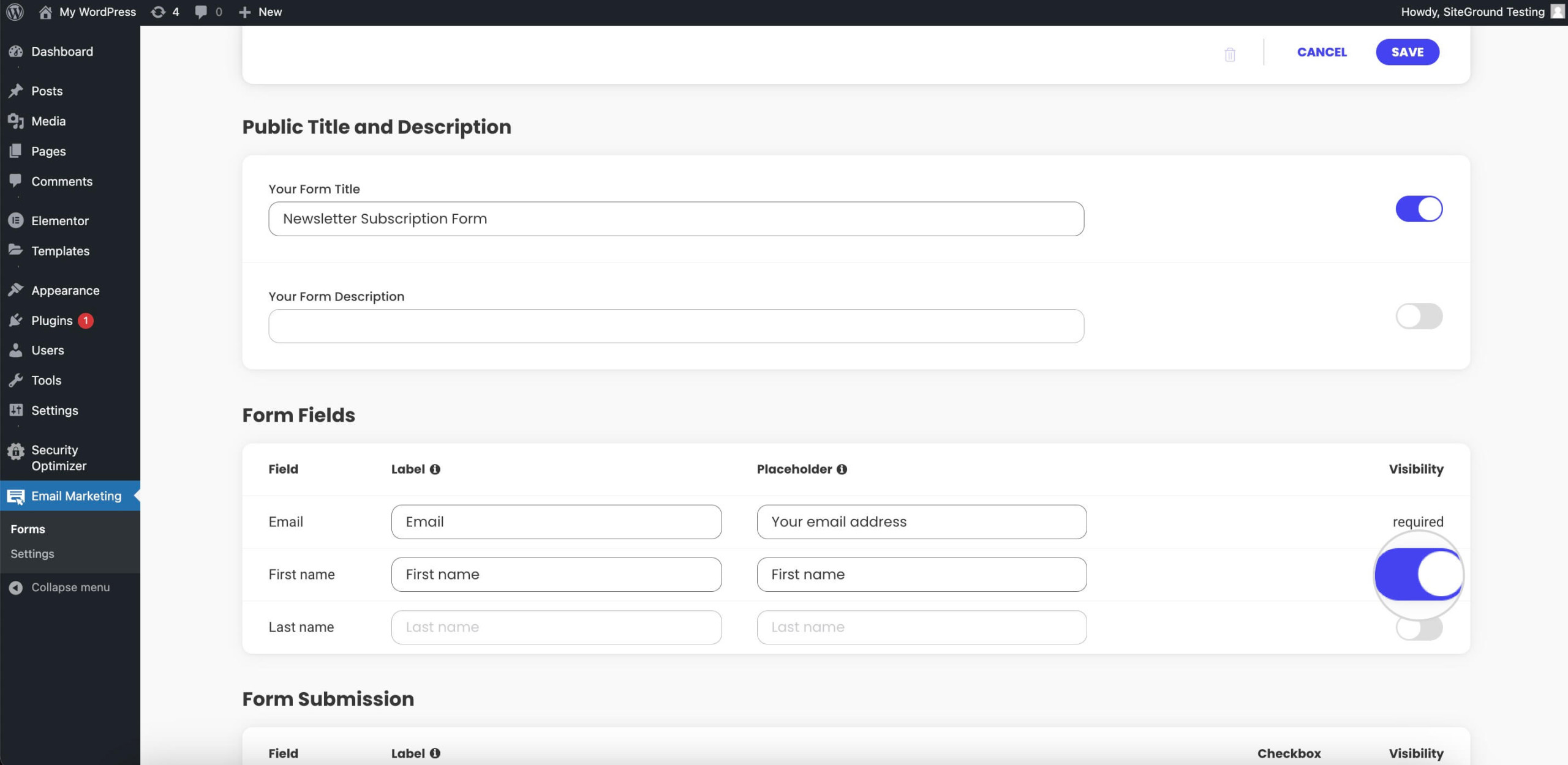 How to select the fields for a sign-up form in the Email Marketing plugin