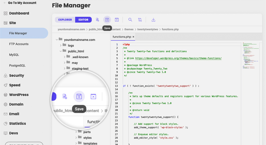 Screenshot showing how to save the changes in the functions.php from the File Manager