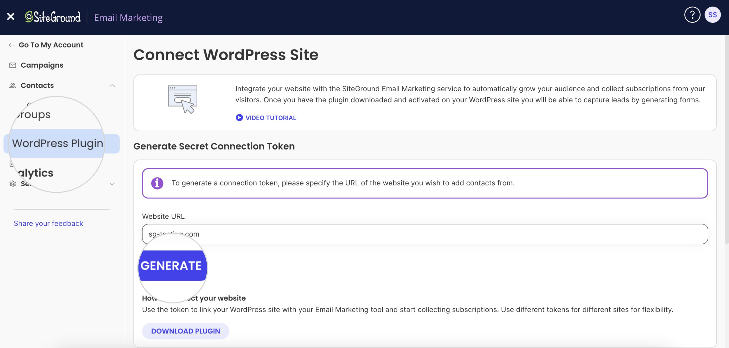 How to generate a connection token to connect the Email Marketing plugin with SiteGround Email Marketing