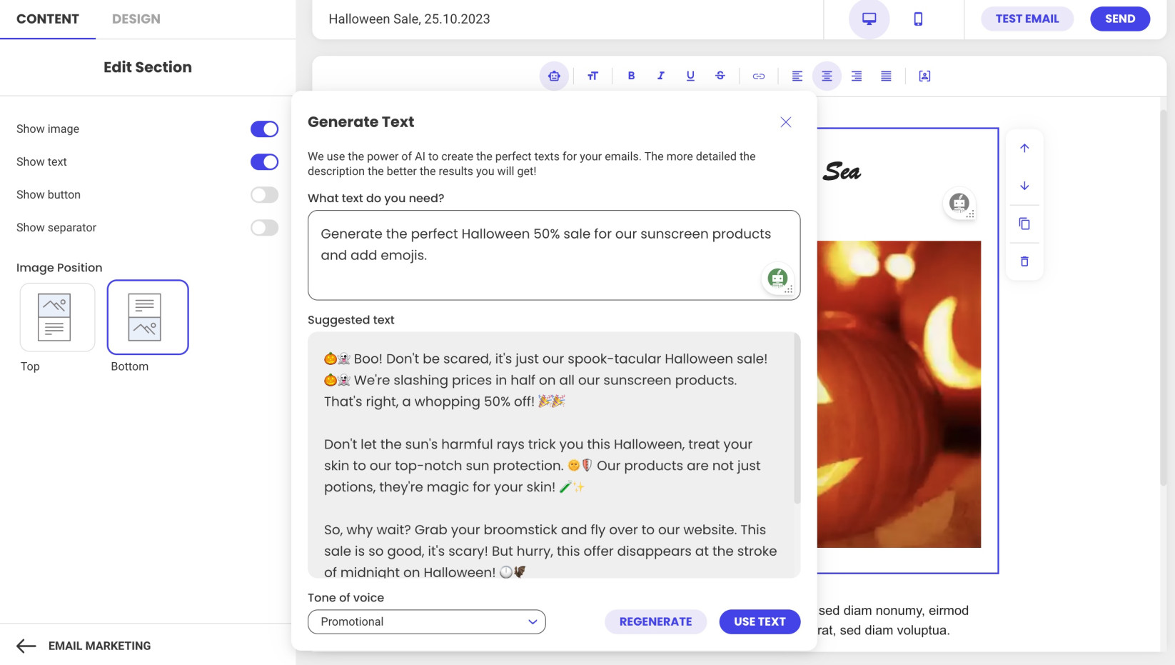 Screenshot showing the generated text by the AI Text Generator in SiteGround Email Marketing