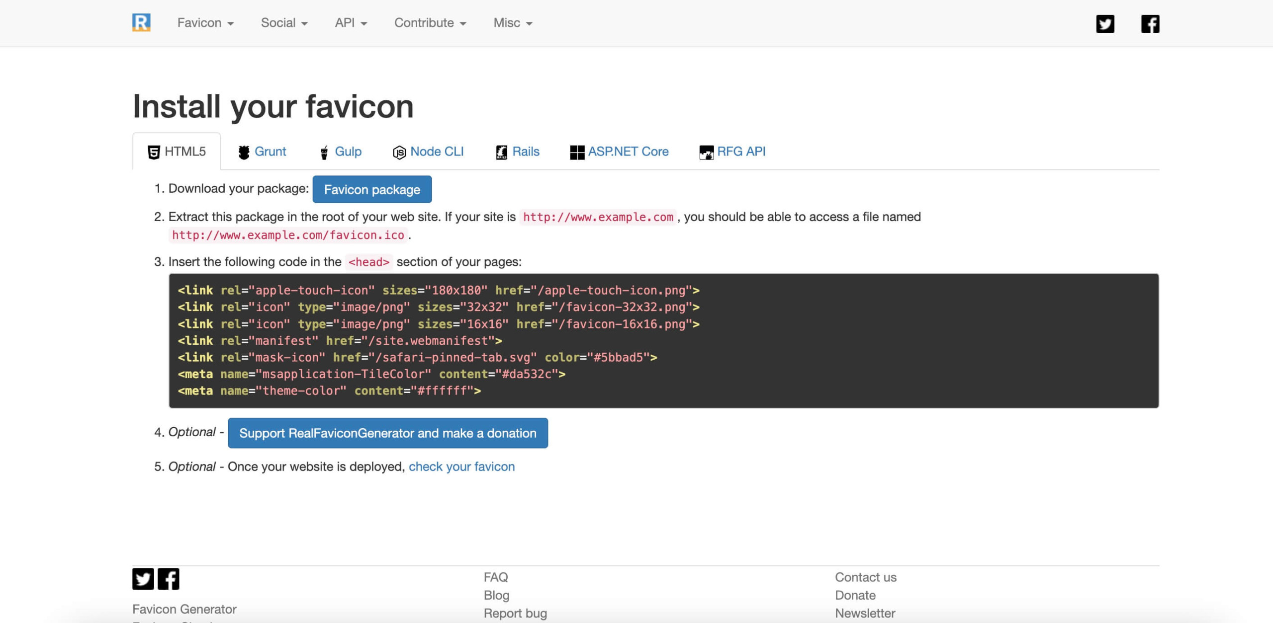 Screenshot showing how to get your favicon package and HTML code from the RealFaviconGenerator website