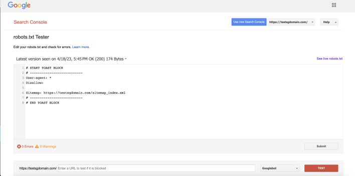 Screenshot illustrating the use of the Google Robots testing tool