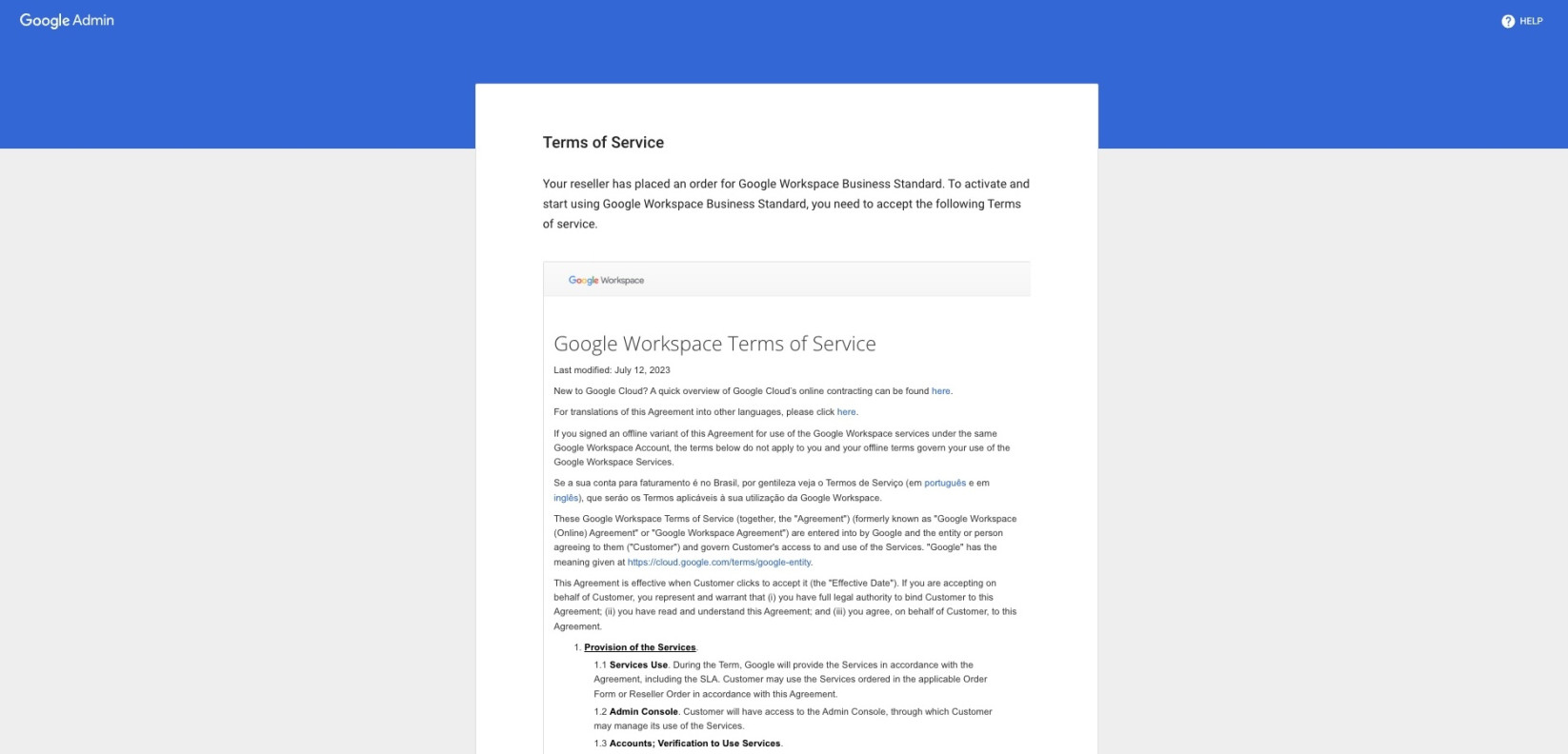 Terms of service page for Google Workspace