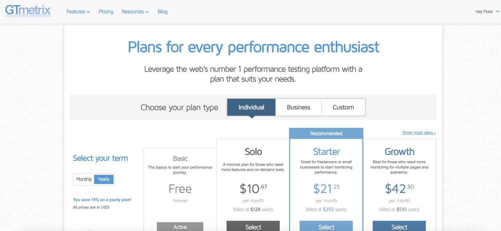 Screenshot of the GTmetrix plans