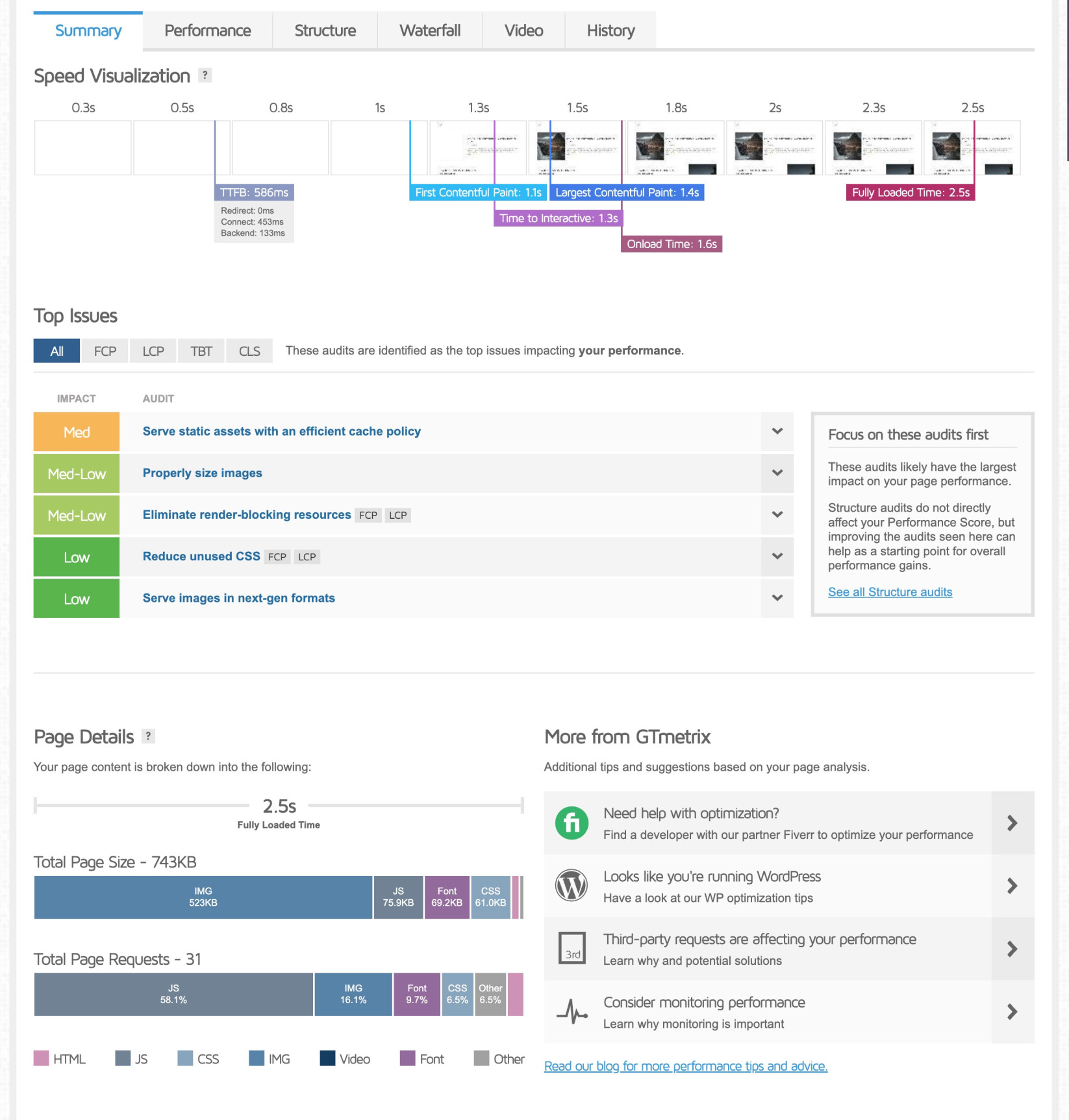 Screenshot of an example result Summary tab in GTmetrix