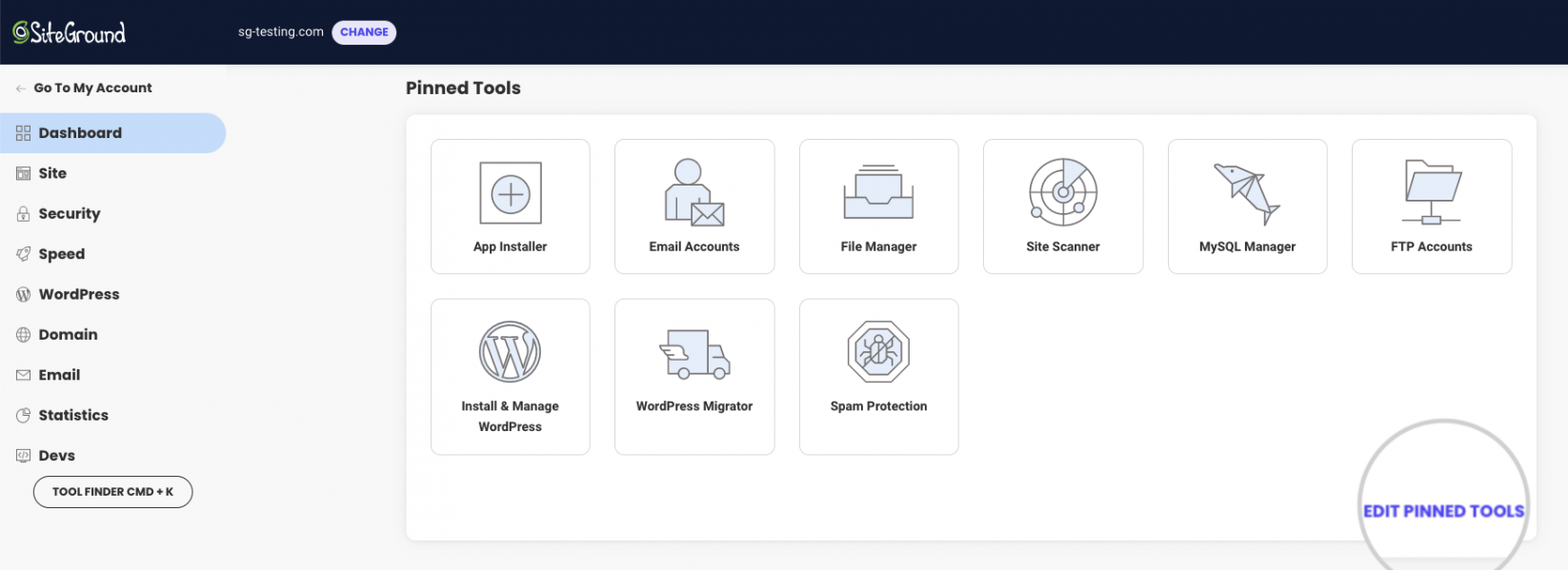 How can I pin tools in Site Tools