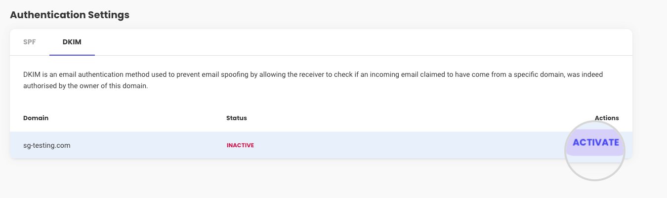 Screenshot from Site Tools in "Email" section, tab "Authentication" for the activation of a DKIM record