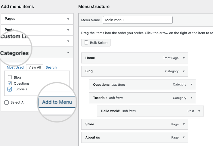 How to add categories to a WordPress menu