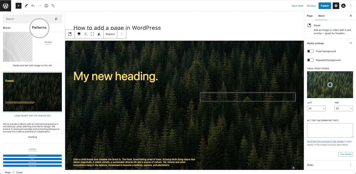 screenshot showing How to add a pattern in Gutenberg