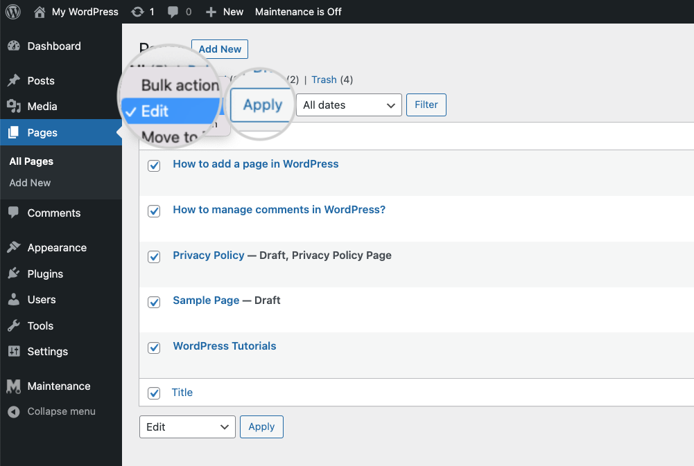 How to disallow comments for multiple pages or posts