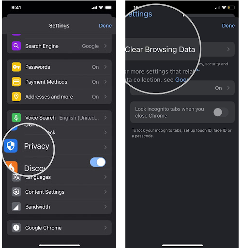 How to clear Chrome cache on iPhone - Privacy menu and Clear browsing data