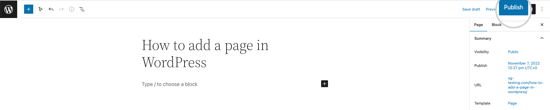 Screenshot showing How to publish a page in WordPress