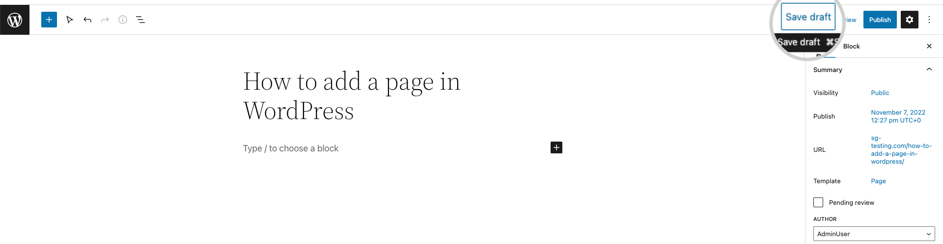 Screenshot showing How to save a draft of a page in WordPress