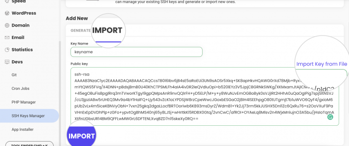 Import SSH key in Site Tools