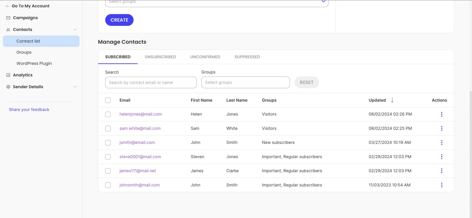 How imported contacts appear in Contacts section in Email Marketing