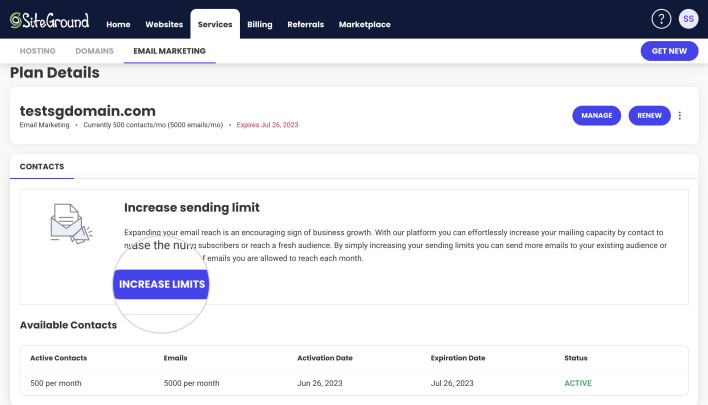 Screanshot showing the Increase limits button in SiteGround Email Marketing