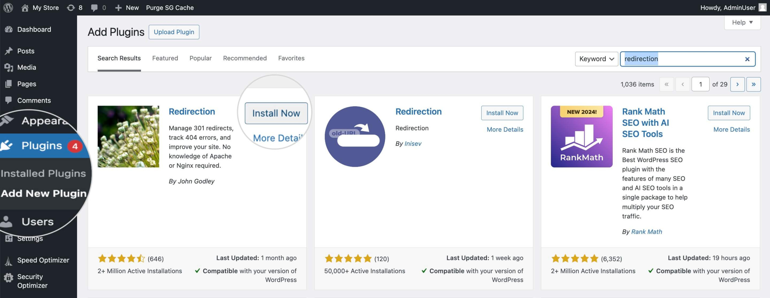 Installation of the Redirection plugin in WordPress