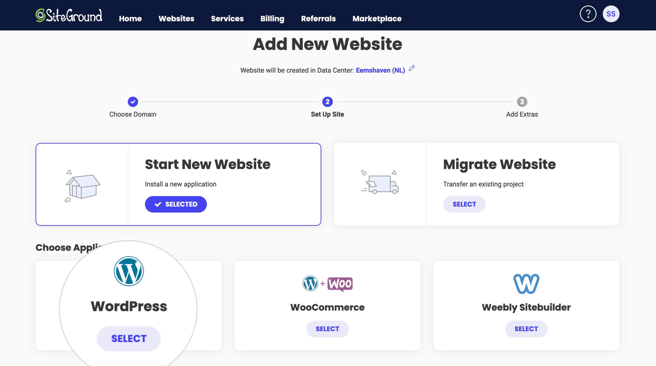 Process of installing WordPress using the SiteGround Setup Wizard