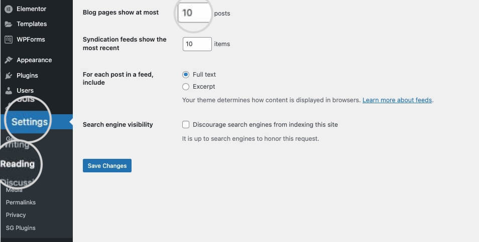 Screenshot showing how to lower WordPress posts per page count