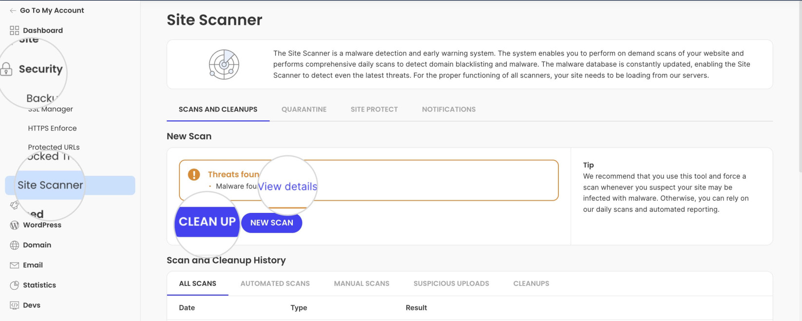 Detected malware in Site Scanner