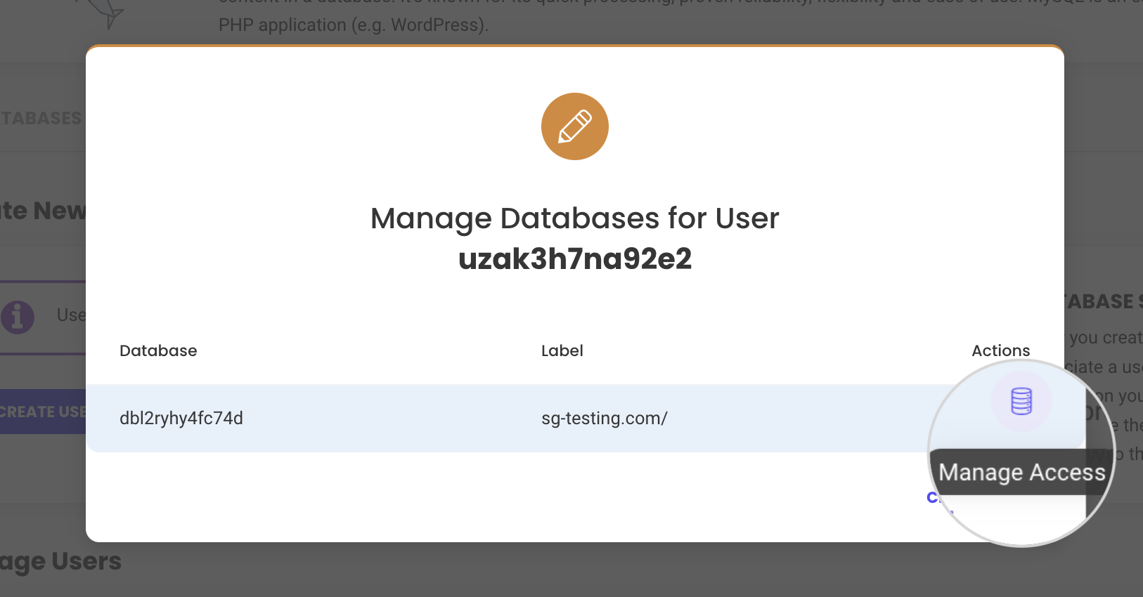 Manage the access for a database user