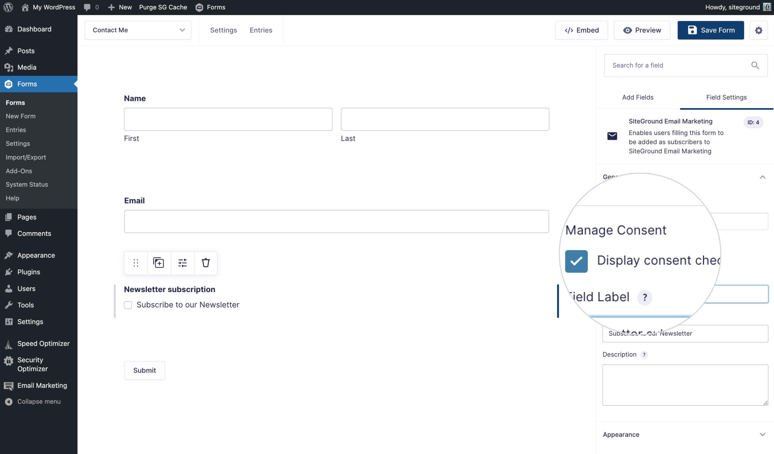 Image showing how to manage the display settings of checkboxes within Gravity Forms.