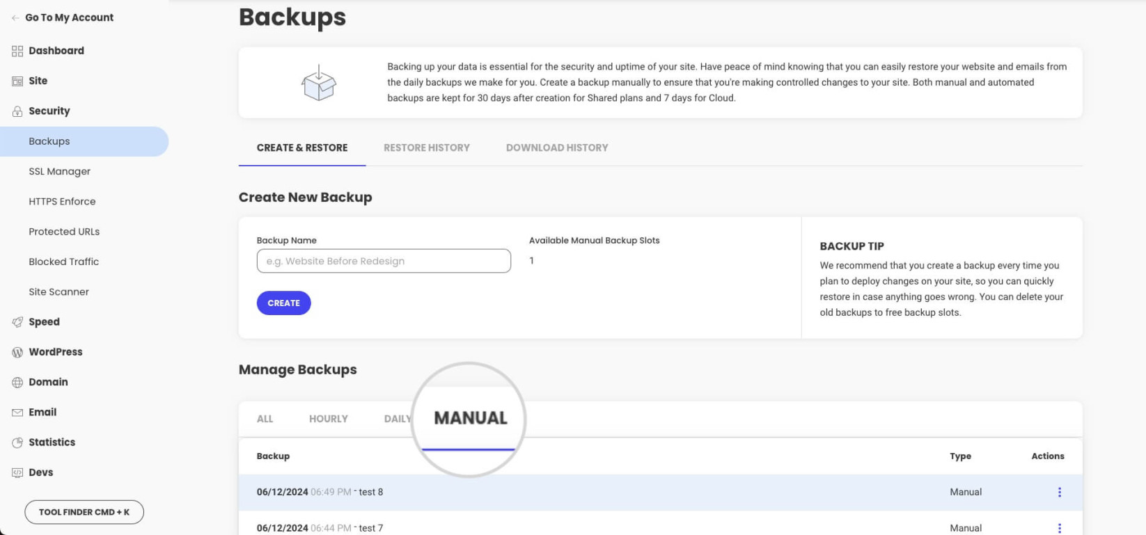 Manual backups in Site Tools