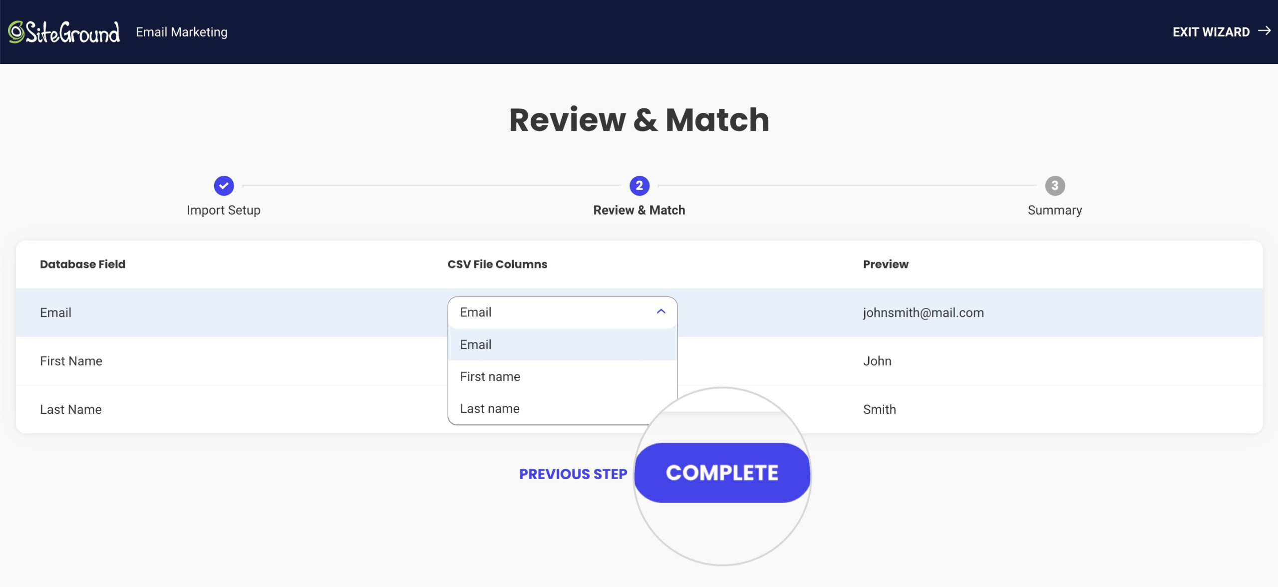 How to match CSV file column with Email Marketing's database fields