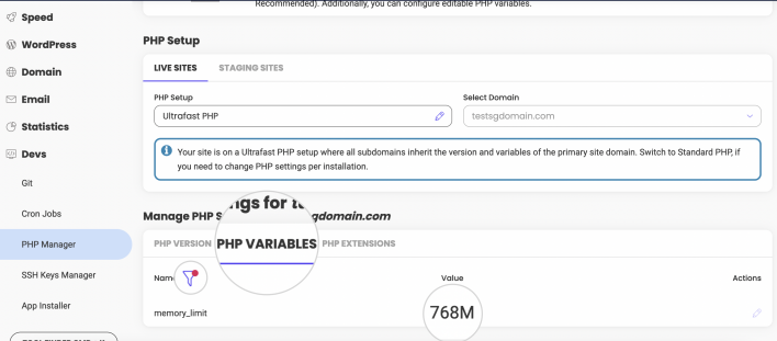 Screenshot showing how to check memory_limit value from Site Tools