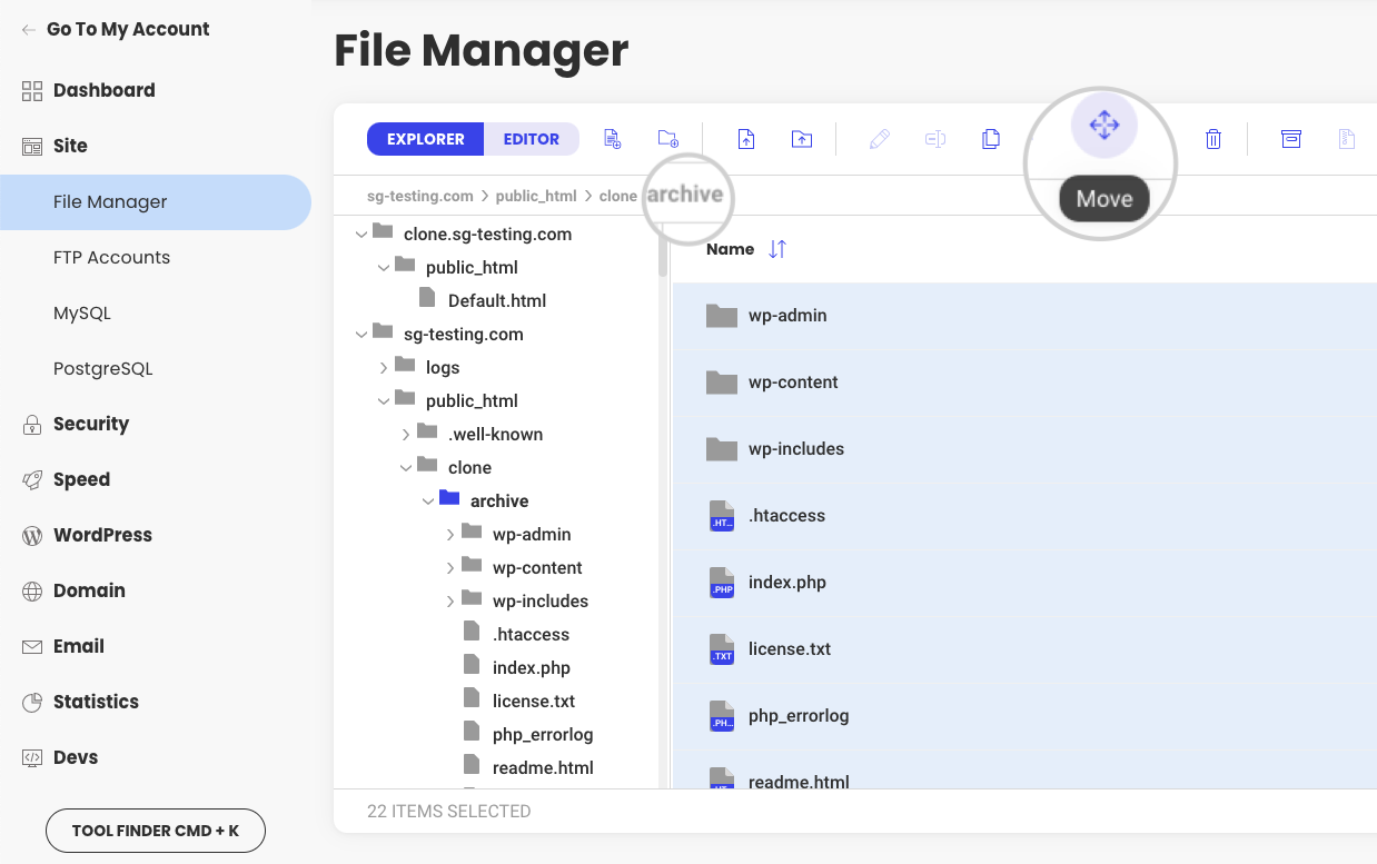 Move the files from the archive folder to the clone's folder 