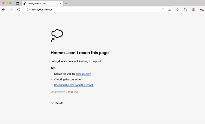 Screenshot of the "Hmm...can't reach this site, took too long to respond" error in Microsoft Edge