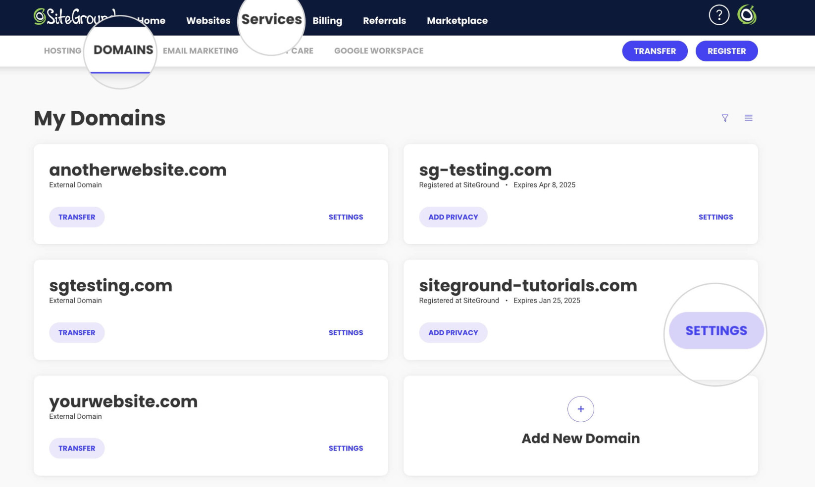 Domain settings in SiteGround's Client Area