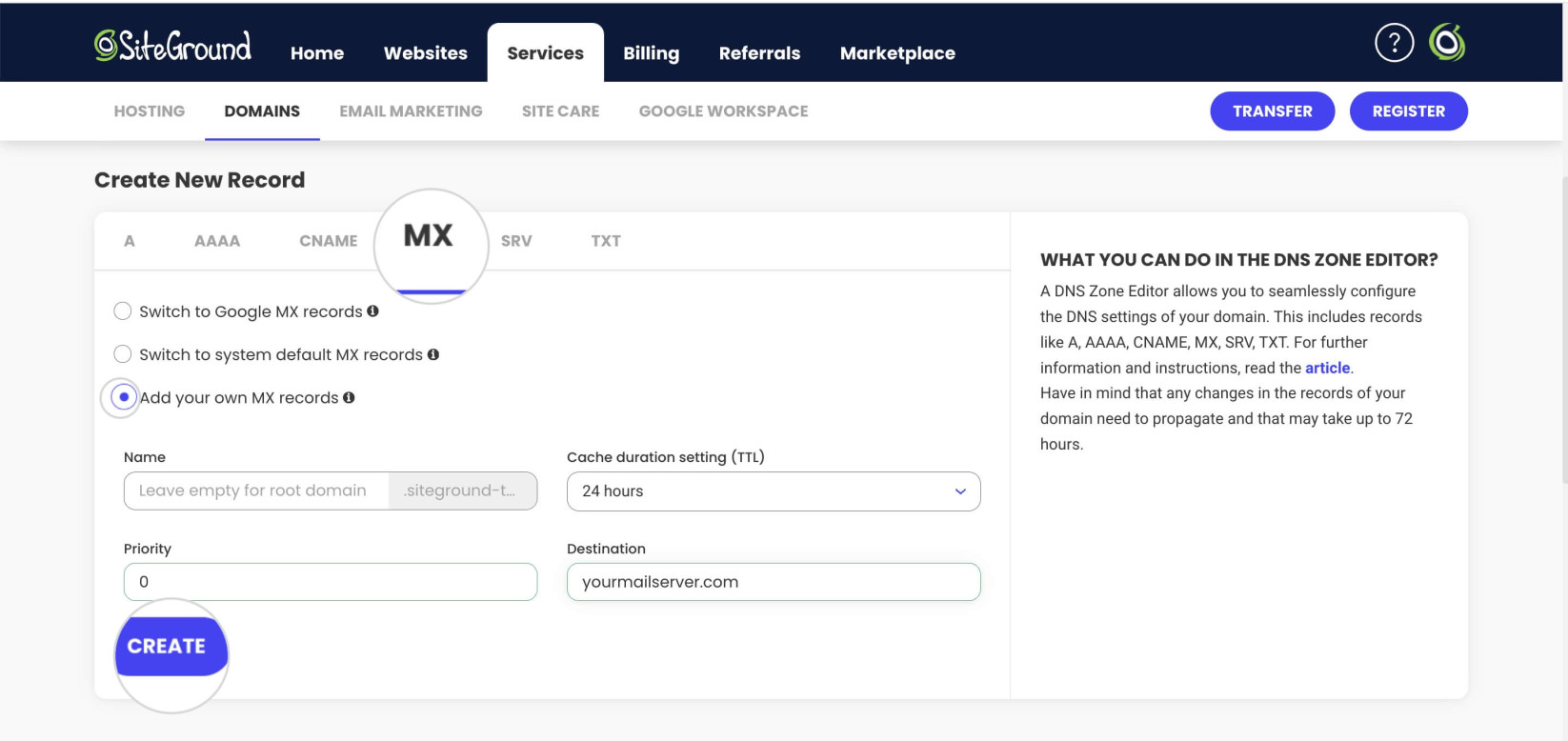 MX record settings in SiteGround's DNS Zone Editor