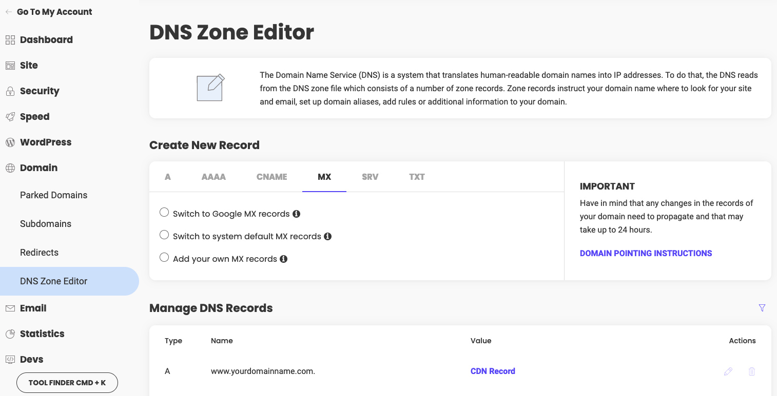 How to add DNS MX records in Site Tools