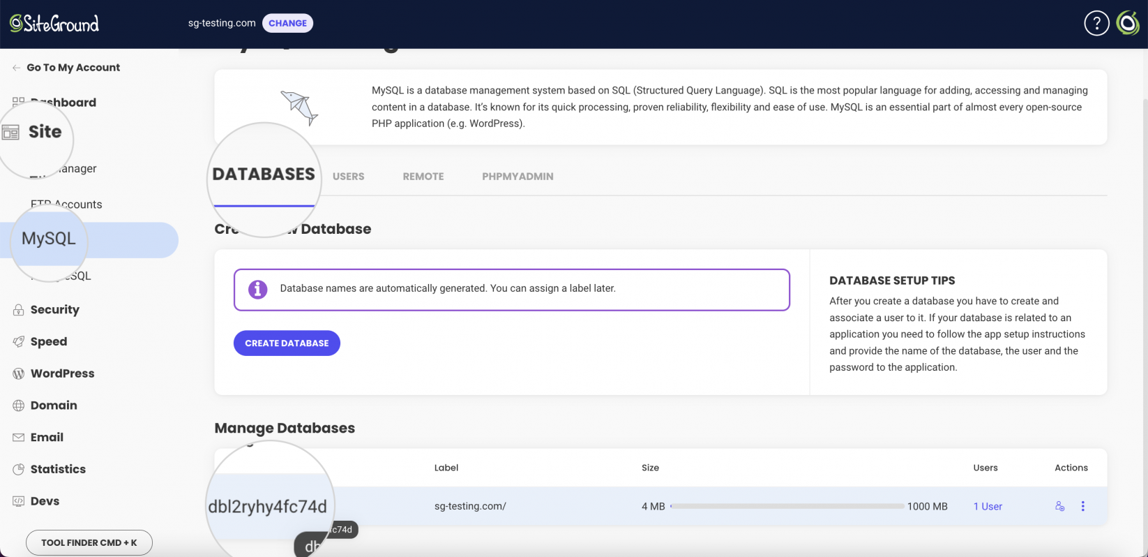 Databases in the MySQL section