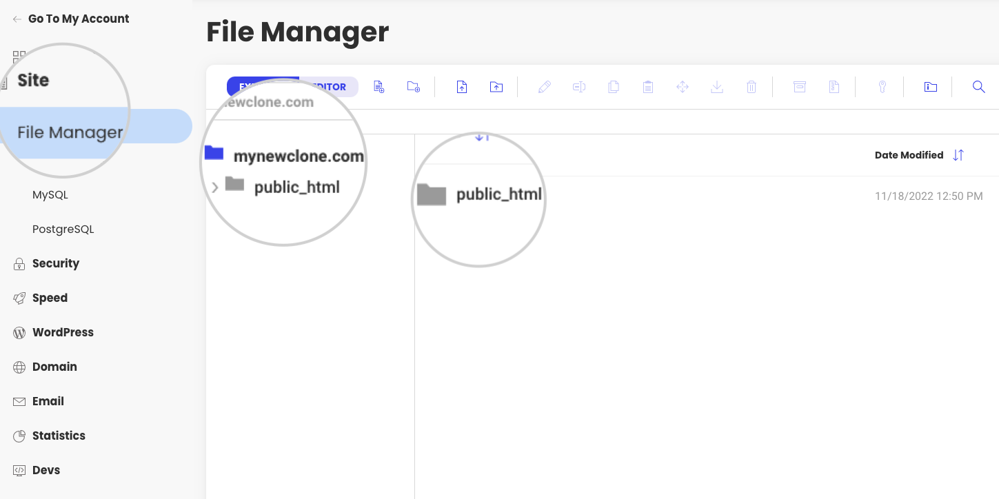 Root folder for a clone's new domain