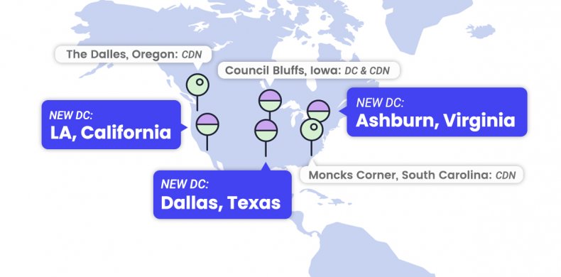 map of the USA with pins where SiteGround has data centers