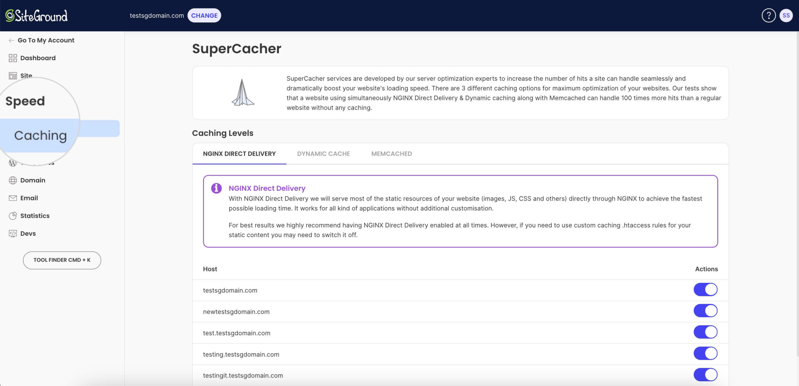 A screenshot of the NginX Direct Delivery caching in Site Tools